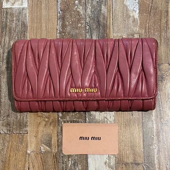 Miu Miu Handbags - Miu Miu Quilted Matelassé Leather Wallet in Pink with Gold Logo